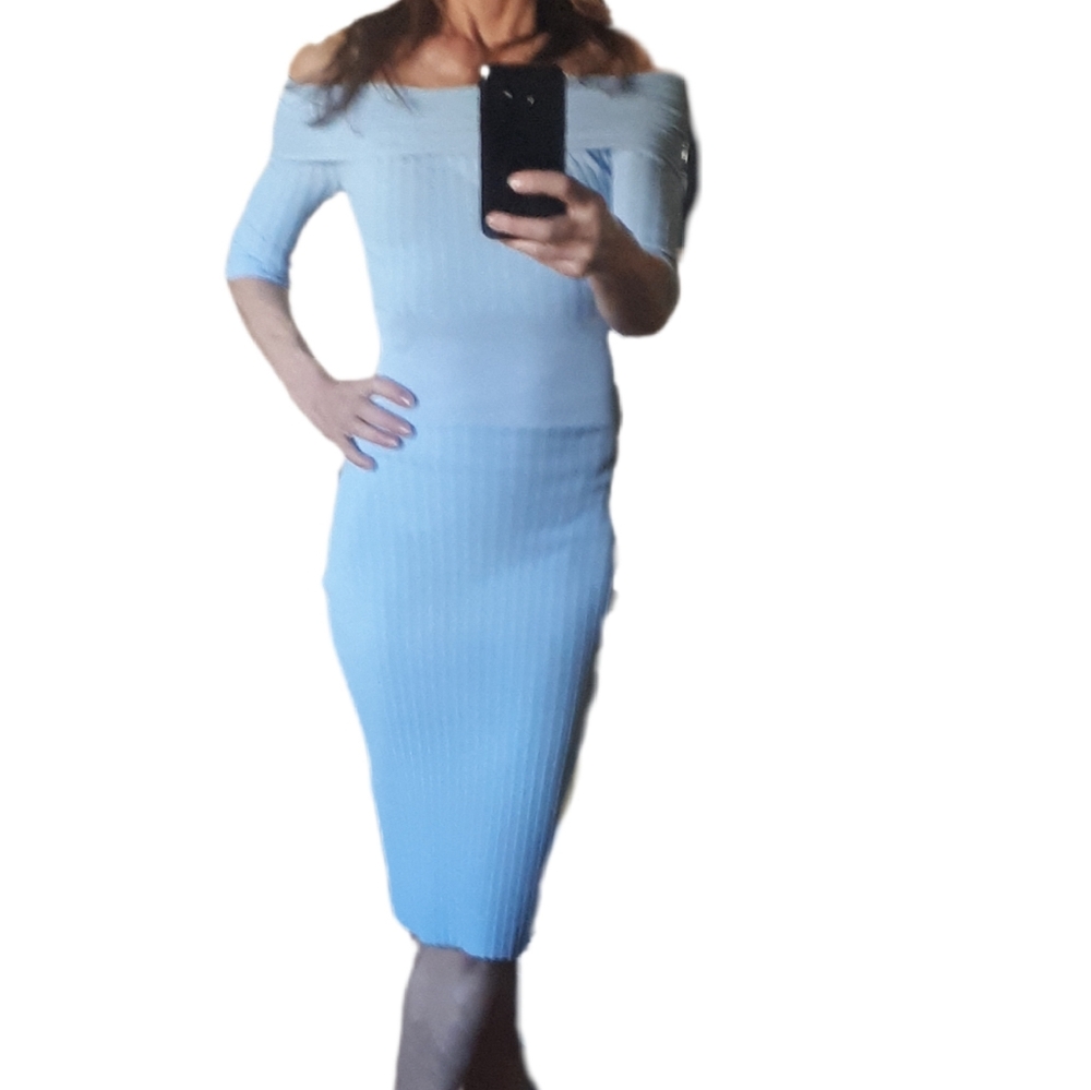 New Zara Light Blue Off-Shoulder Pencil Dress
